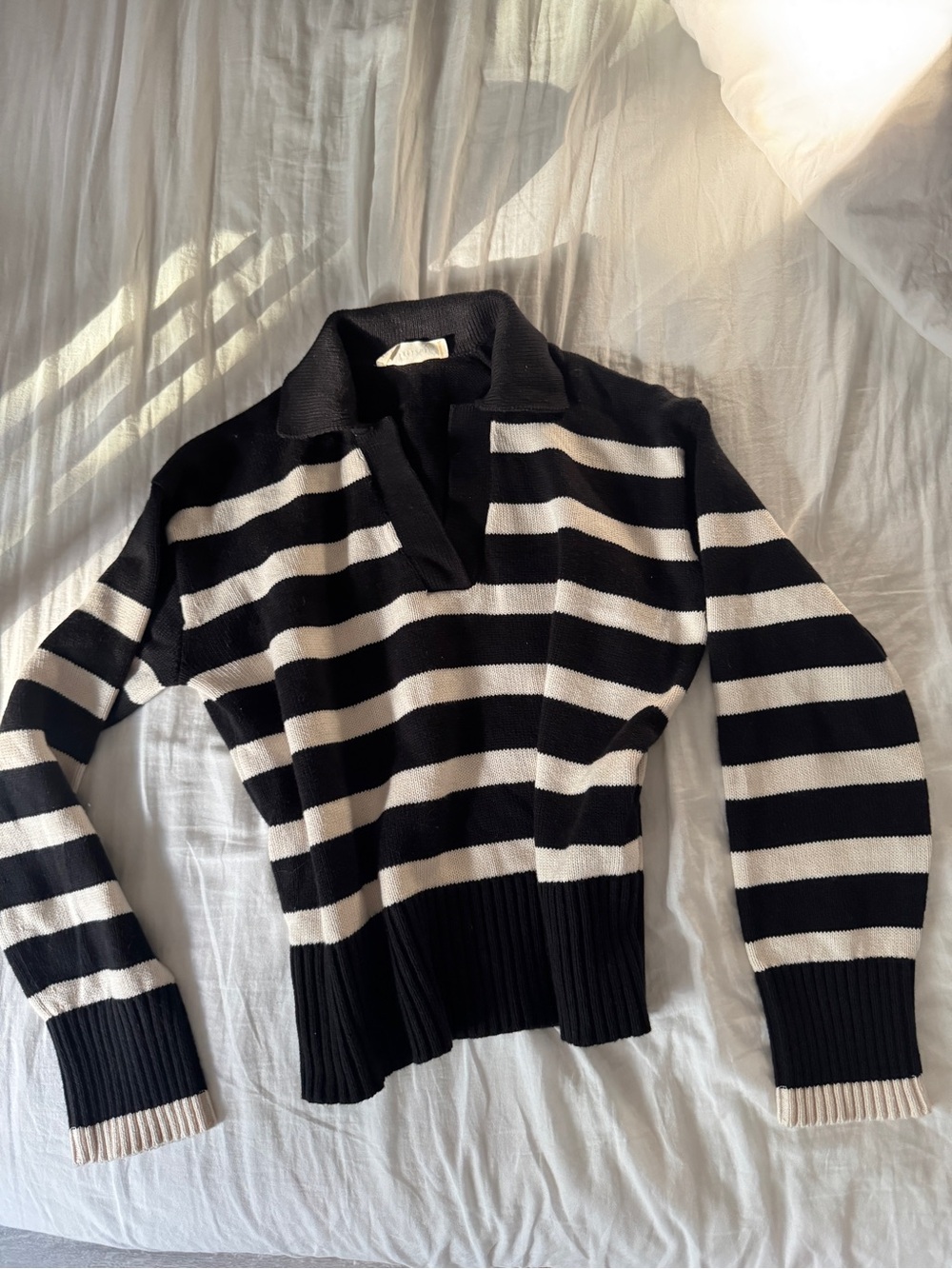 Everlane Black and White Striped V-Neck Polo Sweater in everyday cotton